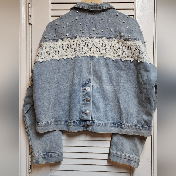 POL Long Sleeve Denim Jacket With Lace And Pearl Detail - Picture 5 of 6